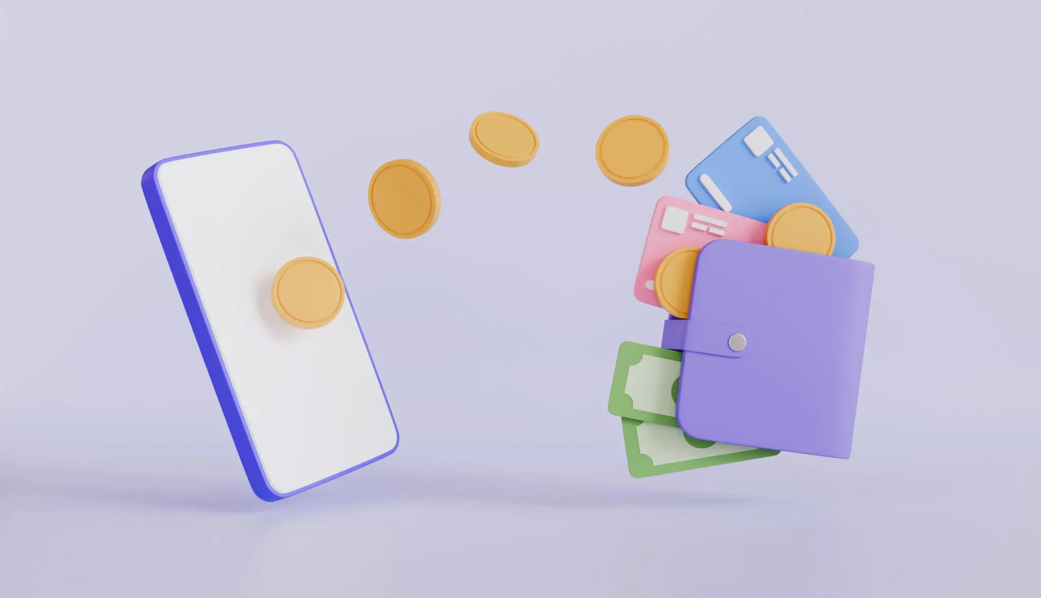 Mobile phone with digital coins, credit cards, and cash representing digital payments.