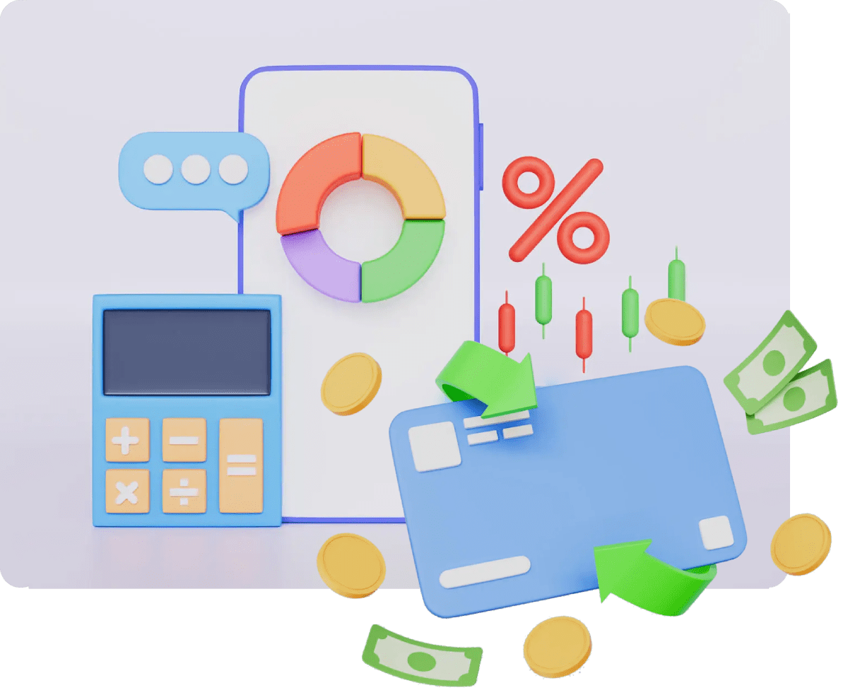 Financial tools including calculator, credit cards, and charts with currency symbols.