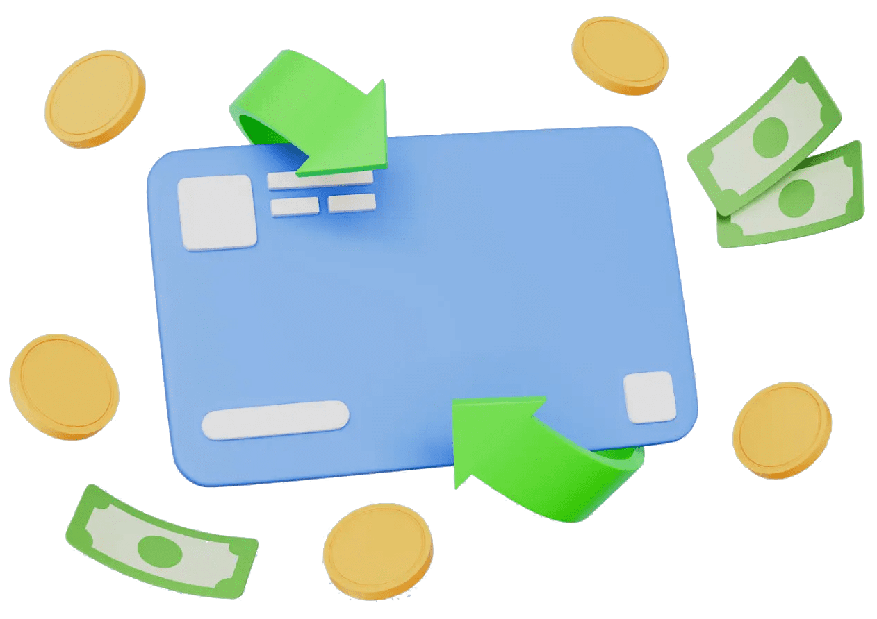 Credit card with green arrows and coins symbolizing transaction flow.