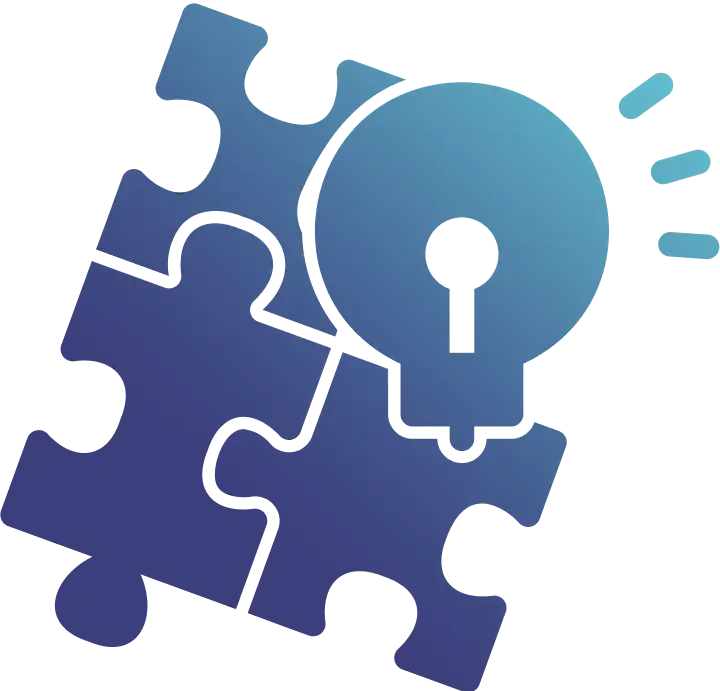 Blue and purple gear-shaped puzzle piece with abstract gradients.