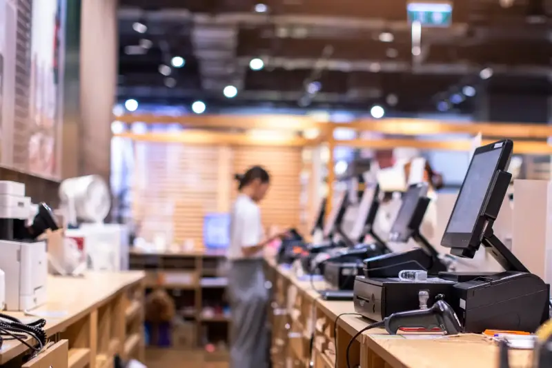 Cash registers in a restaurant with a blurred server in the background.